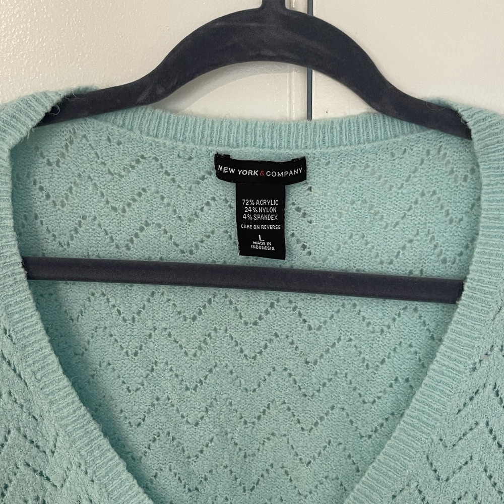 New York & Company Cozy Soft Chevron Stitch Knitted Light Teal Blue Sweater Sz L